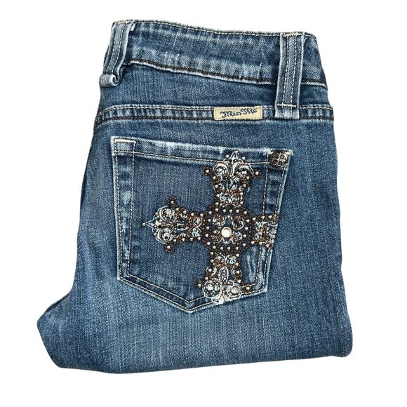 Miss Me JP4788G Bootcut Womens Jeans 28 33 Cross Embroidered Studded Blue - Picture 1 of 8
